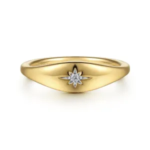 0.02ct Round Diamond Starburst Signet Ring - 14K Yellow Gold