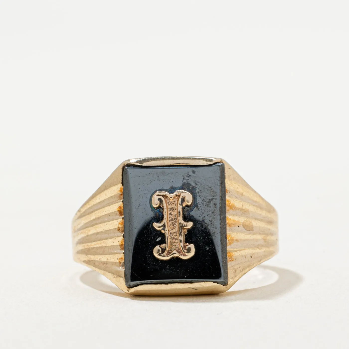 10K Hematite 'I' Initial Signet Ring | 4.00ct | SZ 8.25