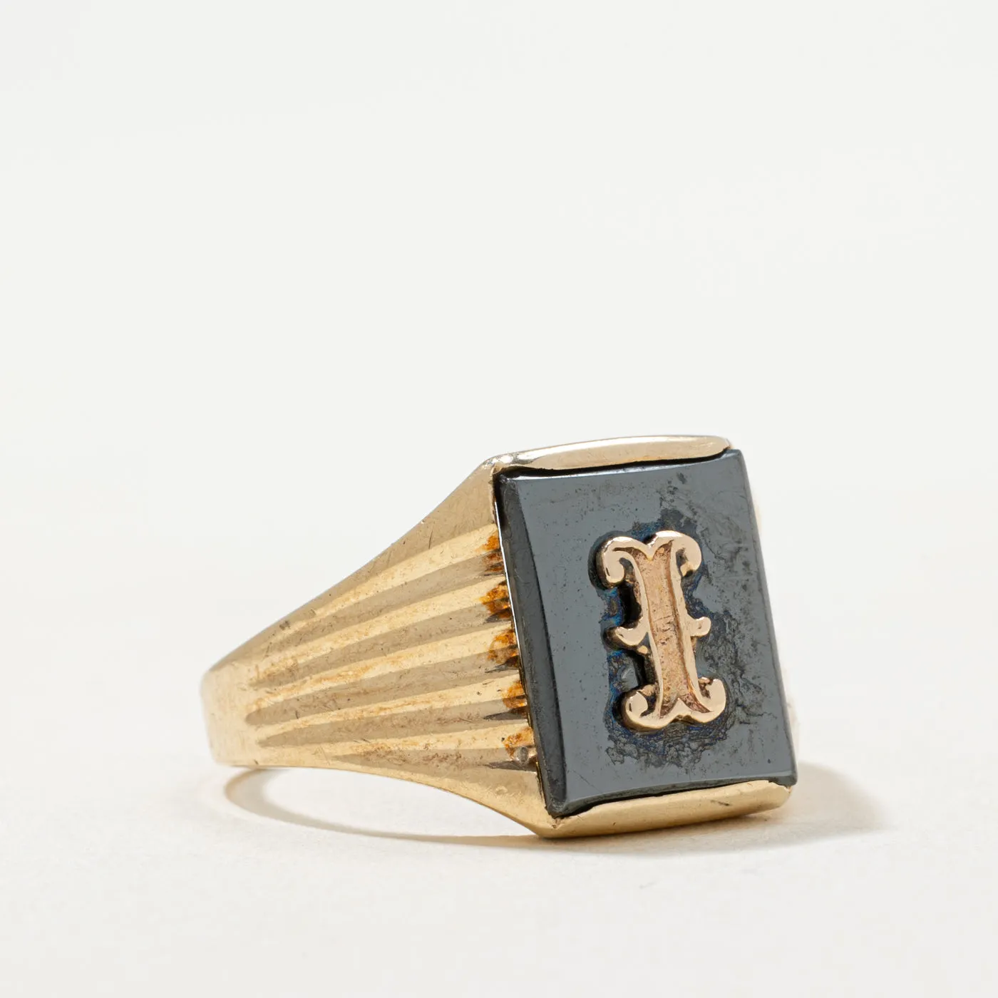 10K Hematite 'I' Initial Signet Ring | 4.00ct | SZ 8.25