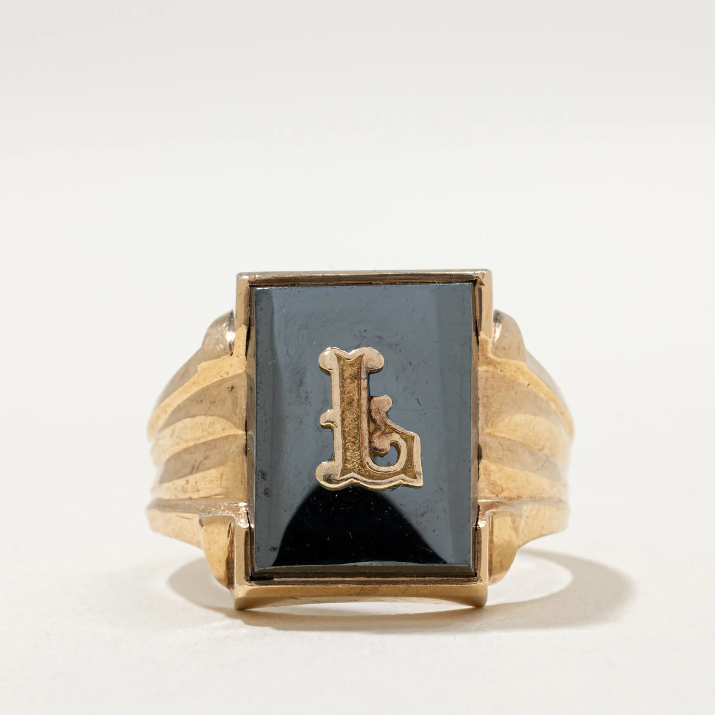 10K Hematite 'L' Initial Signet Ring | 7.80ct | SZ 10.75