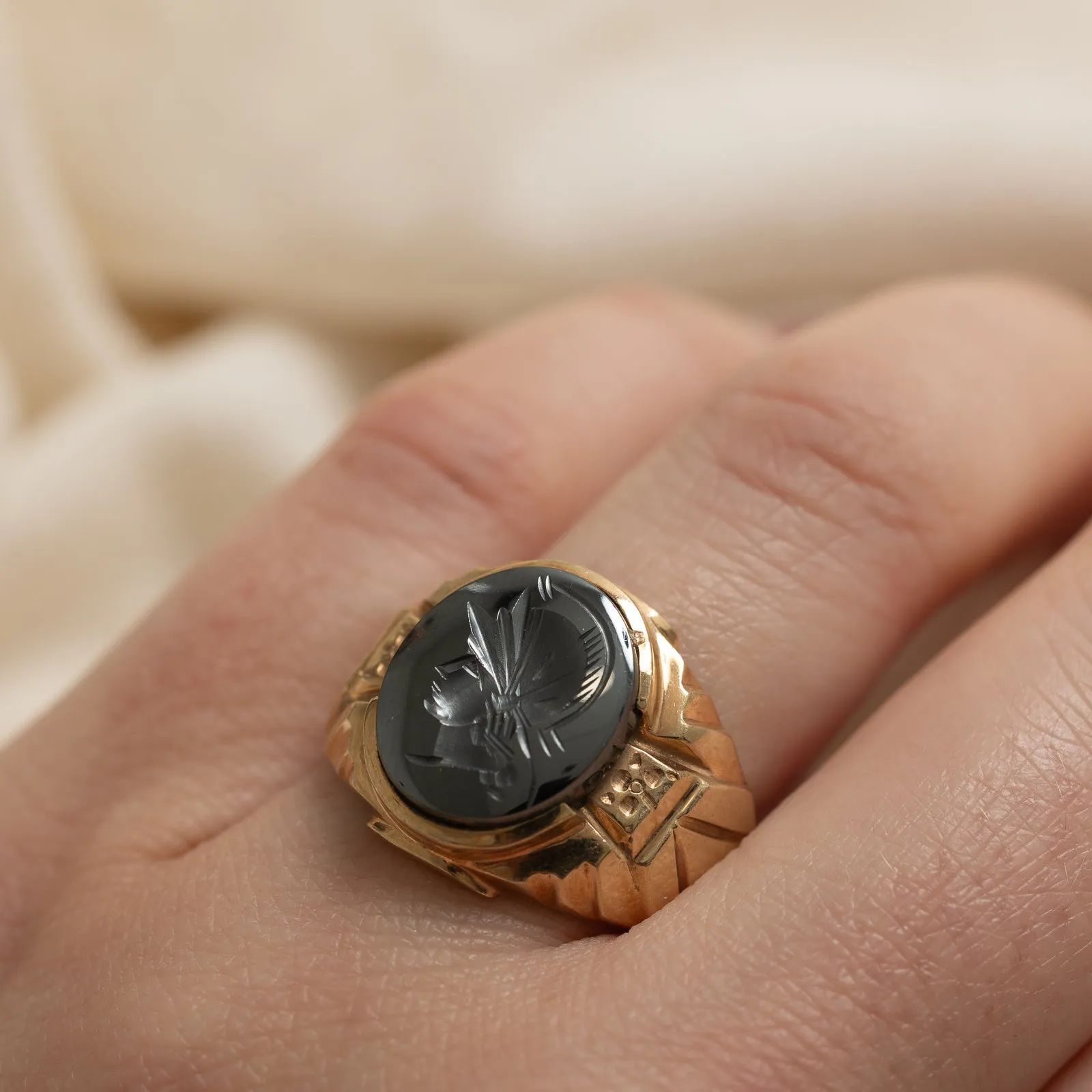 10K Intaglio Hematite Signet Ring | 5.00ct | SZ 8