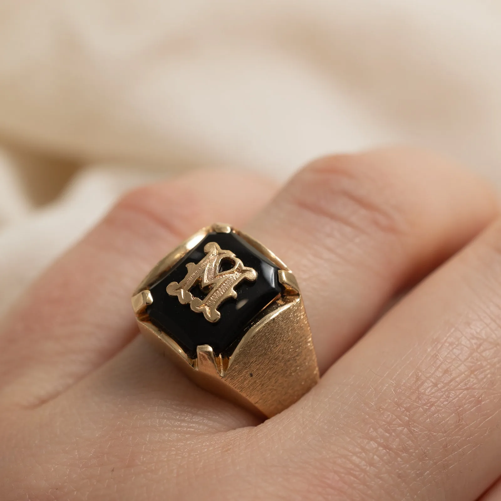 10K Onyx 'M' Initial Signet Ring | 1.90ct | SZ 8