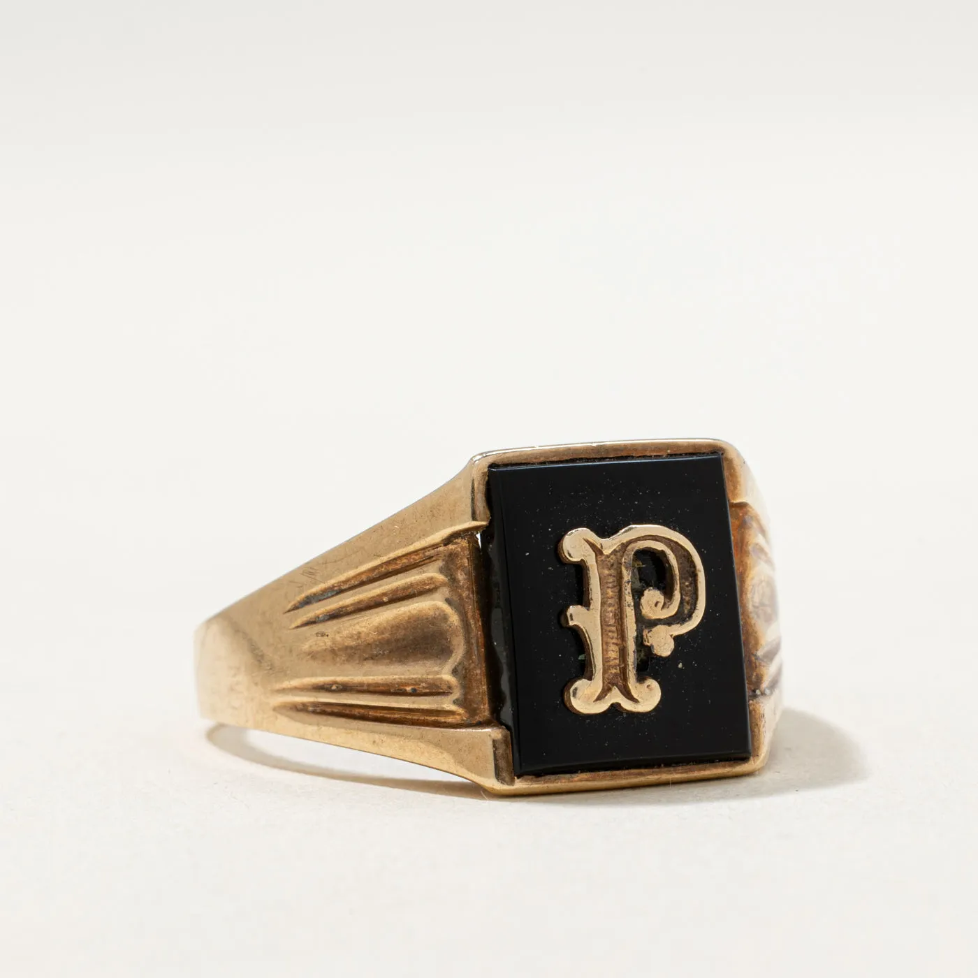 10K Onyx 'P' Initial Signet Ring | 1.70ct | SZ 11.75