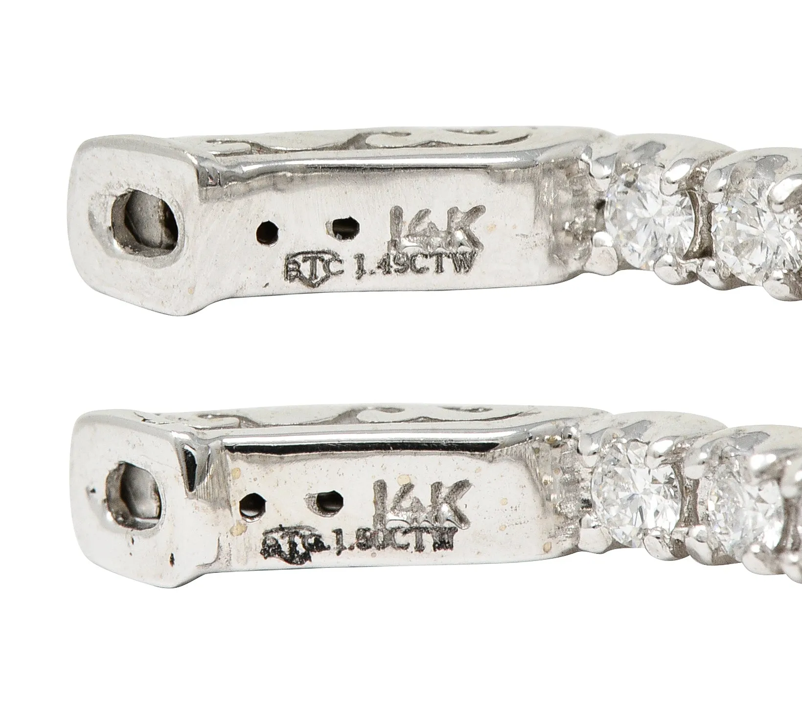 1.50 Carats Diamond 14 Karat White Gold Inside Outside 27 MM Hoop Earrings
