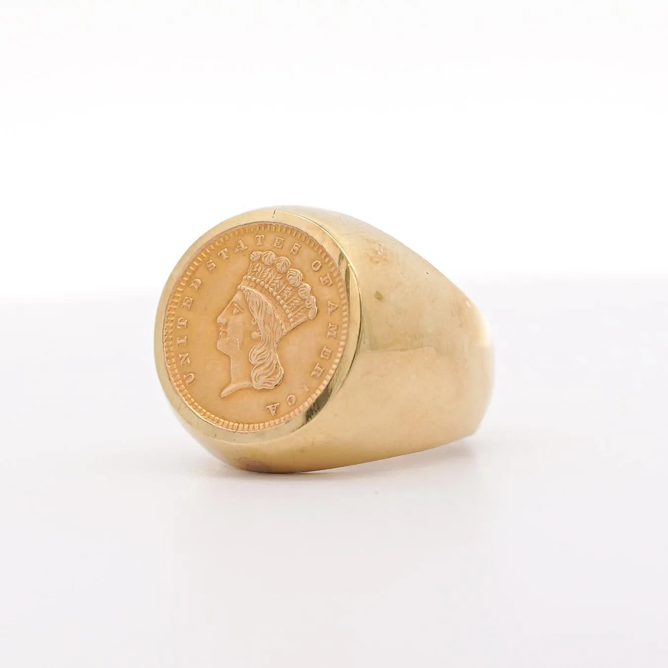 1856 Lady Liberty 1 Dollar Coin in 10K Gold Bezel Unisex Signet Ring