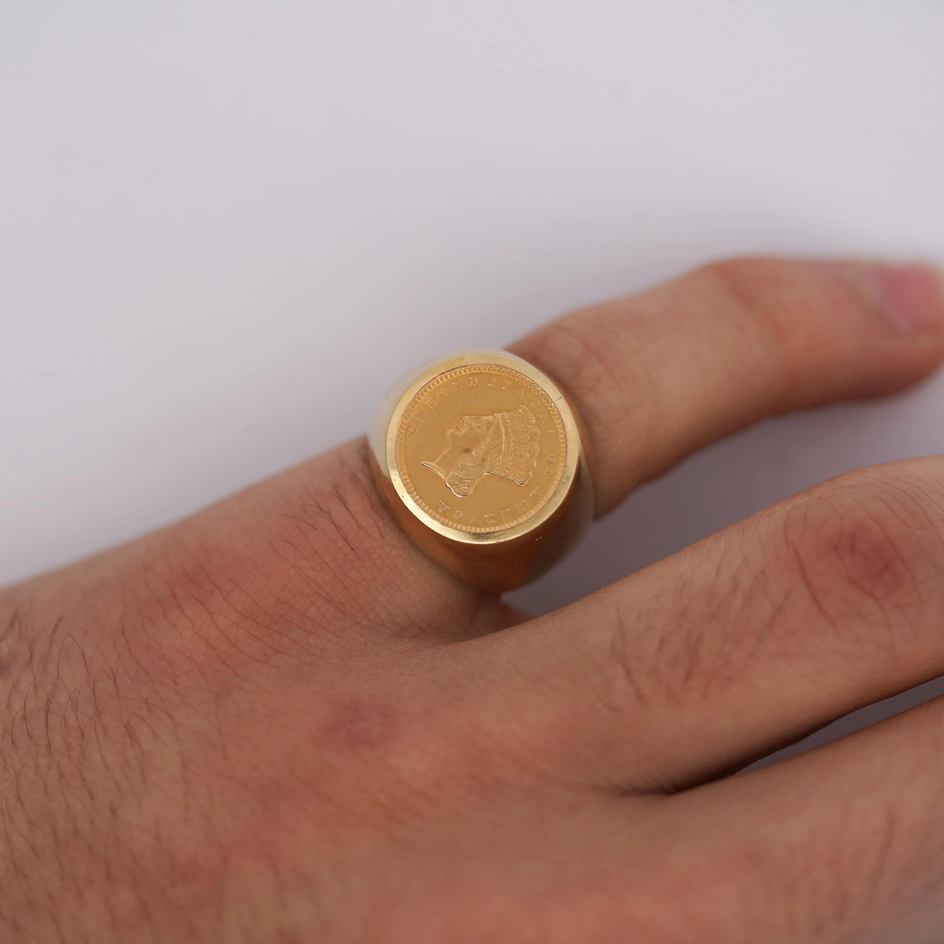 1856 Lady Liberty 1 Dollar Coin in 10K Gold Bezel Unisex Signet Ring