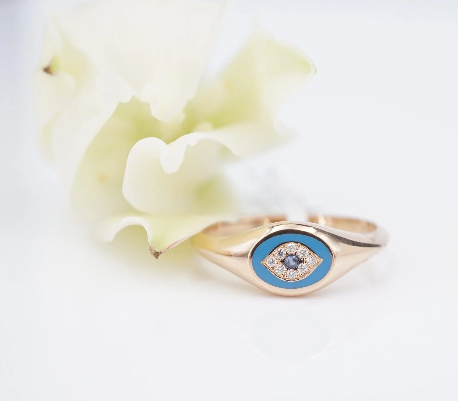 18k Enamel Sapphire Diamond Signet Ring Evil Eye Rose Gold Size 6.5 NWOT RG4331