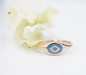 18k Enamel Sapphire Diamond Signet Ring Evil Eye Rose Gold Size 6.5 NWOT RG4331