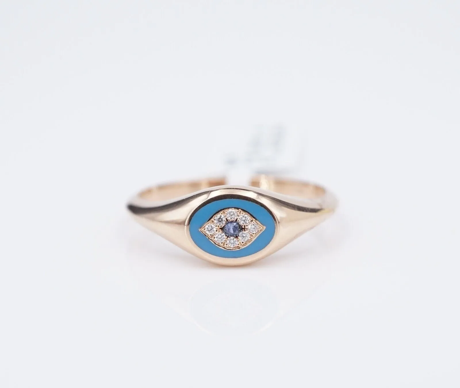 18k Enamel Sapphire Diamond Signet Ring Evil Eye Rose Gold Size 6.5 NWOT RG4331