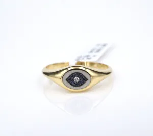 18k Signet Ring Yellow Gold Diamond Pave Sapphire Evil Eye Size 6.5 NWOT RG4330