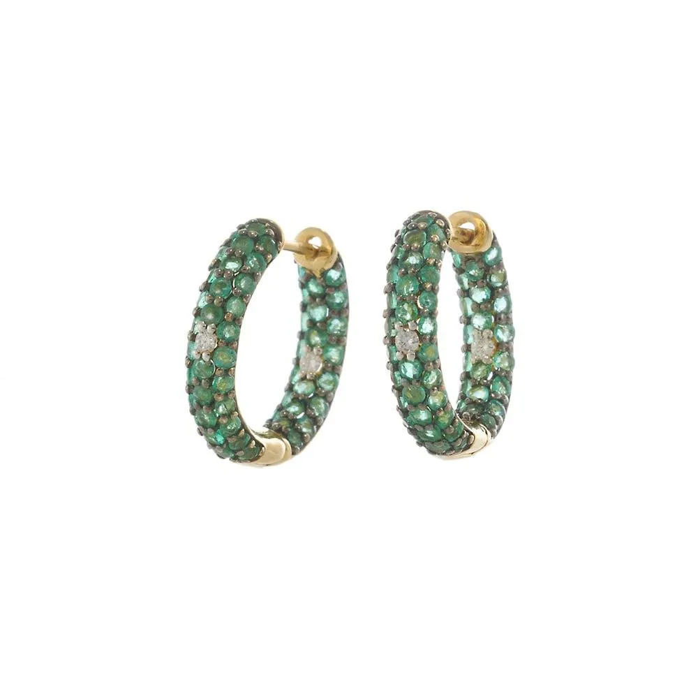 18KT Yellow Gold Emerald and Diamond Huggie Hoop Earrings