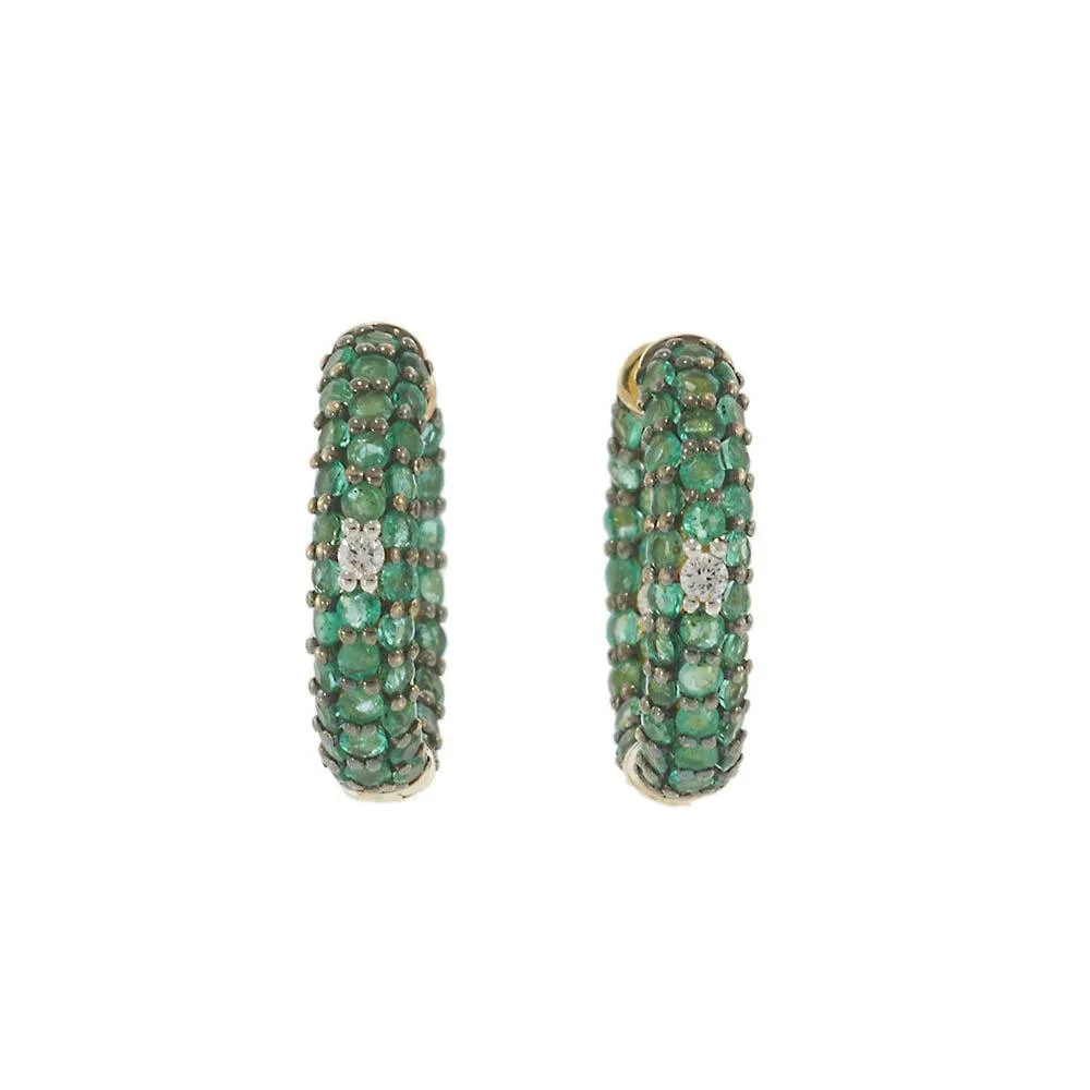 18KT Yellow Gold Emerald and Diamond Huggie Hoop Earrings