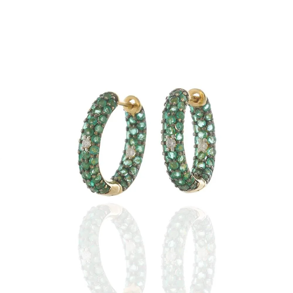 18KT Yellow Gold Emerald and Diamond Huggie Hoop Earrings