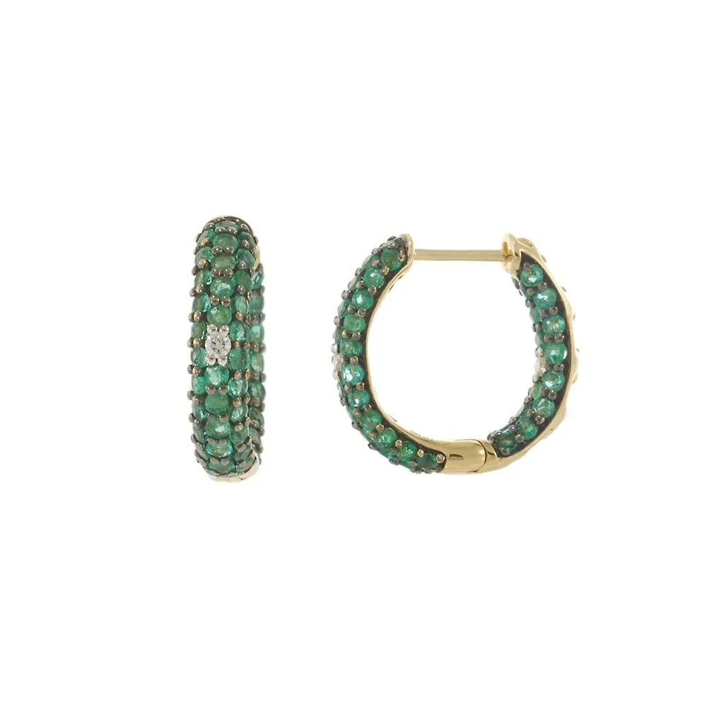 18KT Yellow Gold Emerald and Diamond Huggie Hoop Earrings