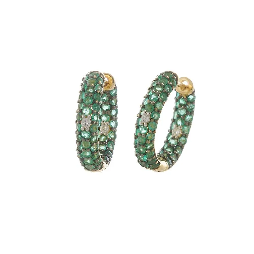 18KT Yellow Gold Emerald and Diamond Huggie Hoop Earrings