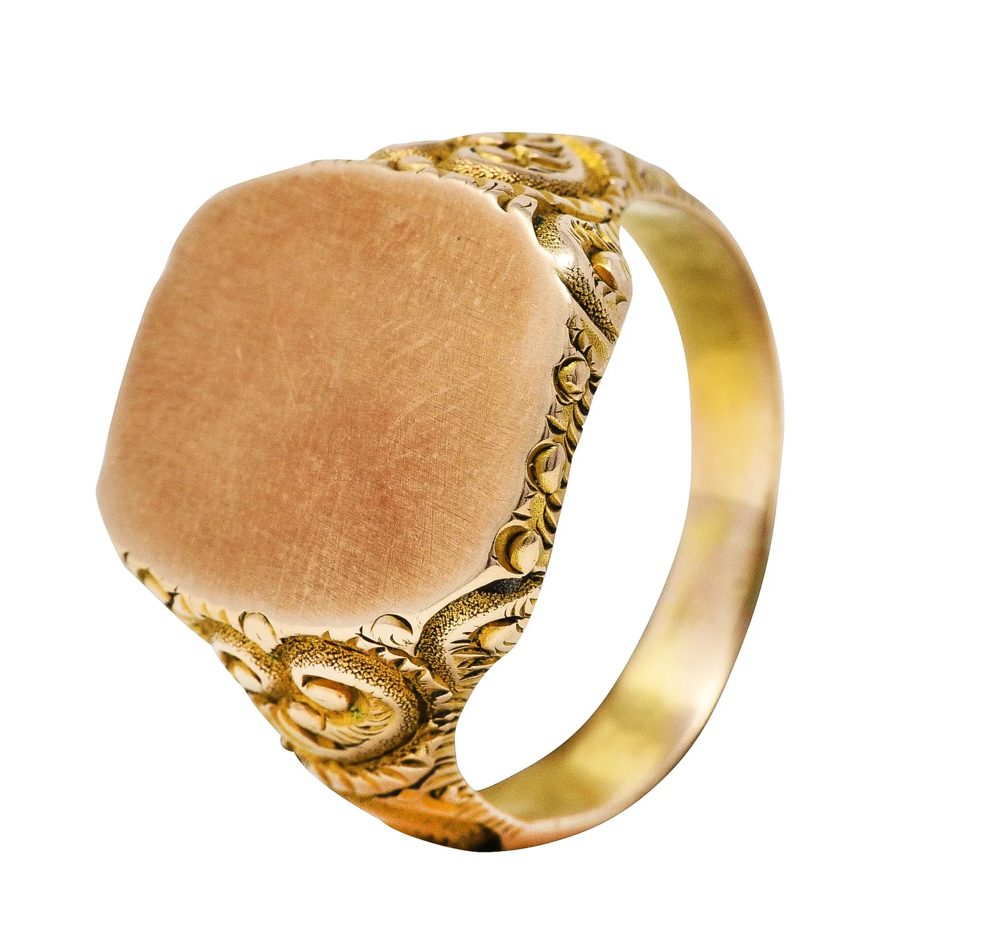 1900 Victorian 14 Karat Yellow Gold Scrolling Cushion Signet Ring
