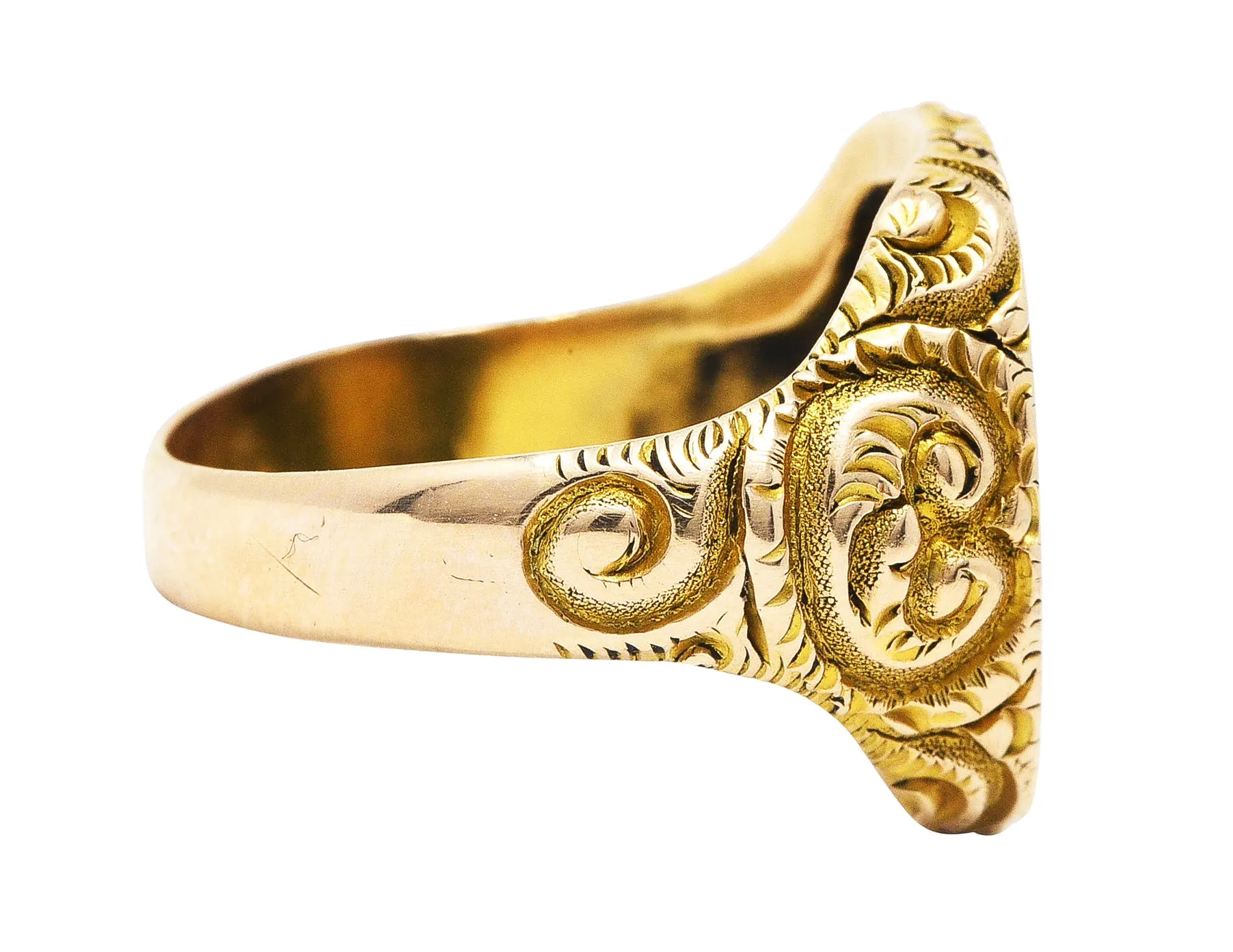 1900 Victorian 14 Karat Yellow Gold Scrolling Cushion Signet Ring