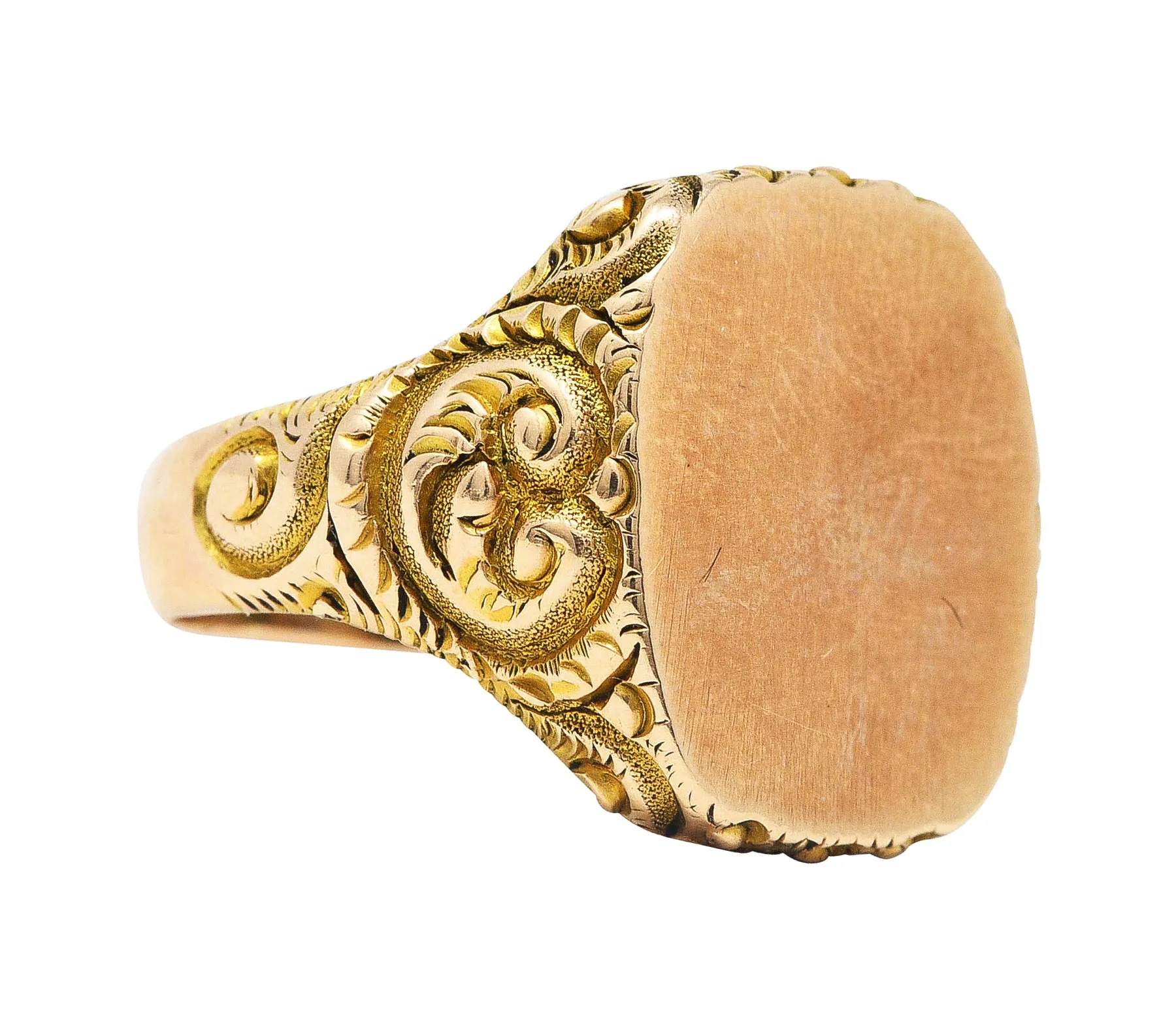 1900 Victorian 14 Karat Yellow Gold Scrolling Cushion Signet Ring