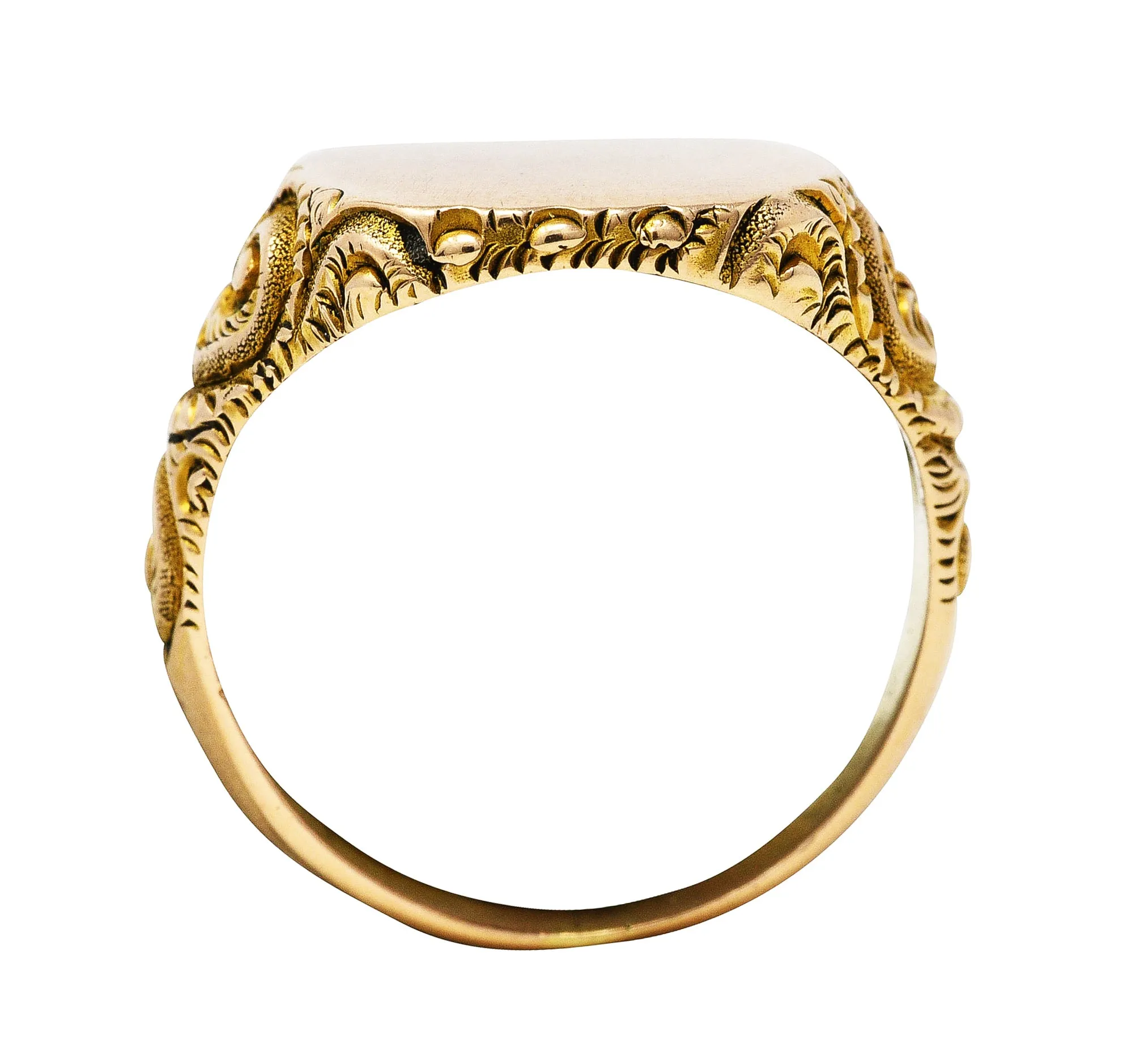 1900 Victorian 14 Karat Yellow Gold Scrolling Cushion Signet Ring