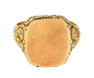 1900 Victorian 14 Karat Yellow Gold Scrolling Cushion Signet Ring
