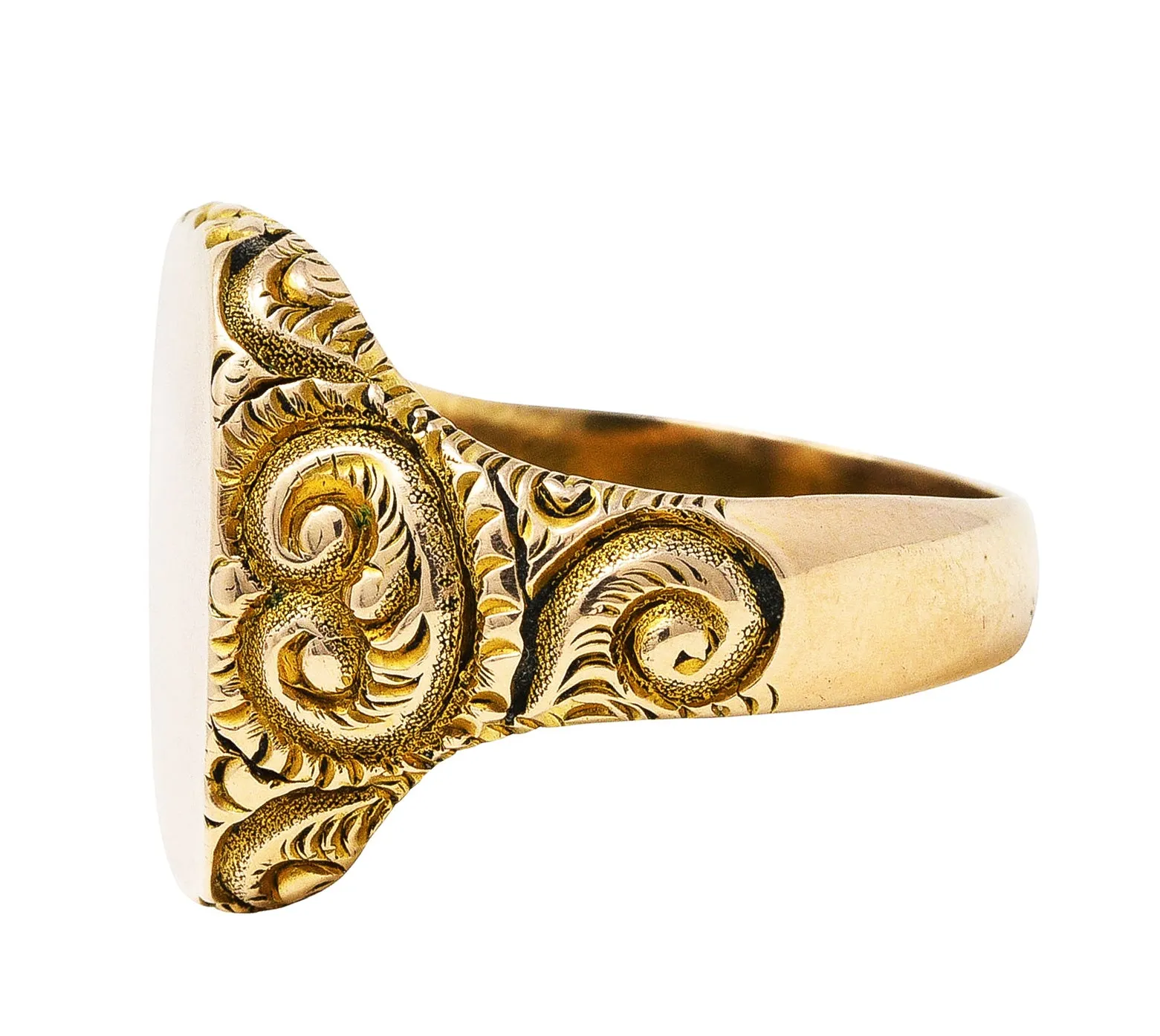 1900 Victorian 14 Karat Yellow Gold Scrolling Cushion Signet Ring