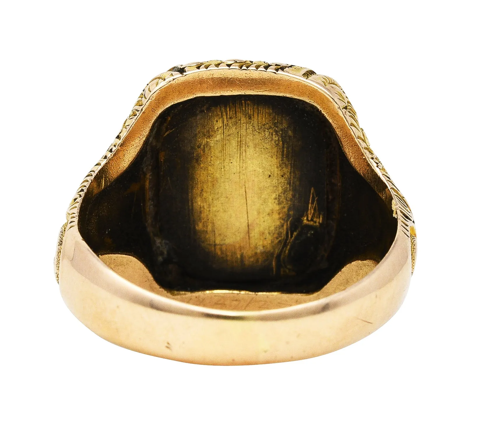 1900 Victorian 14 Karat Yellow Gold Scrolling Cushion Signet Ring