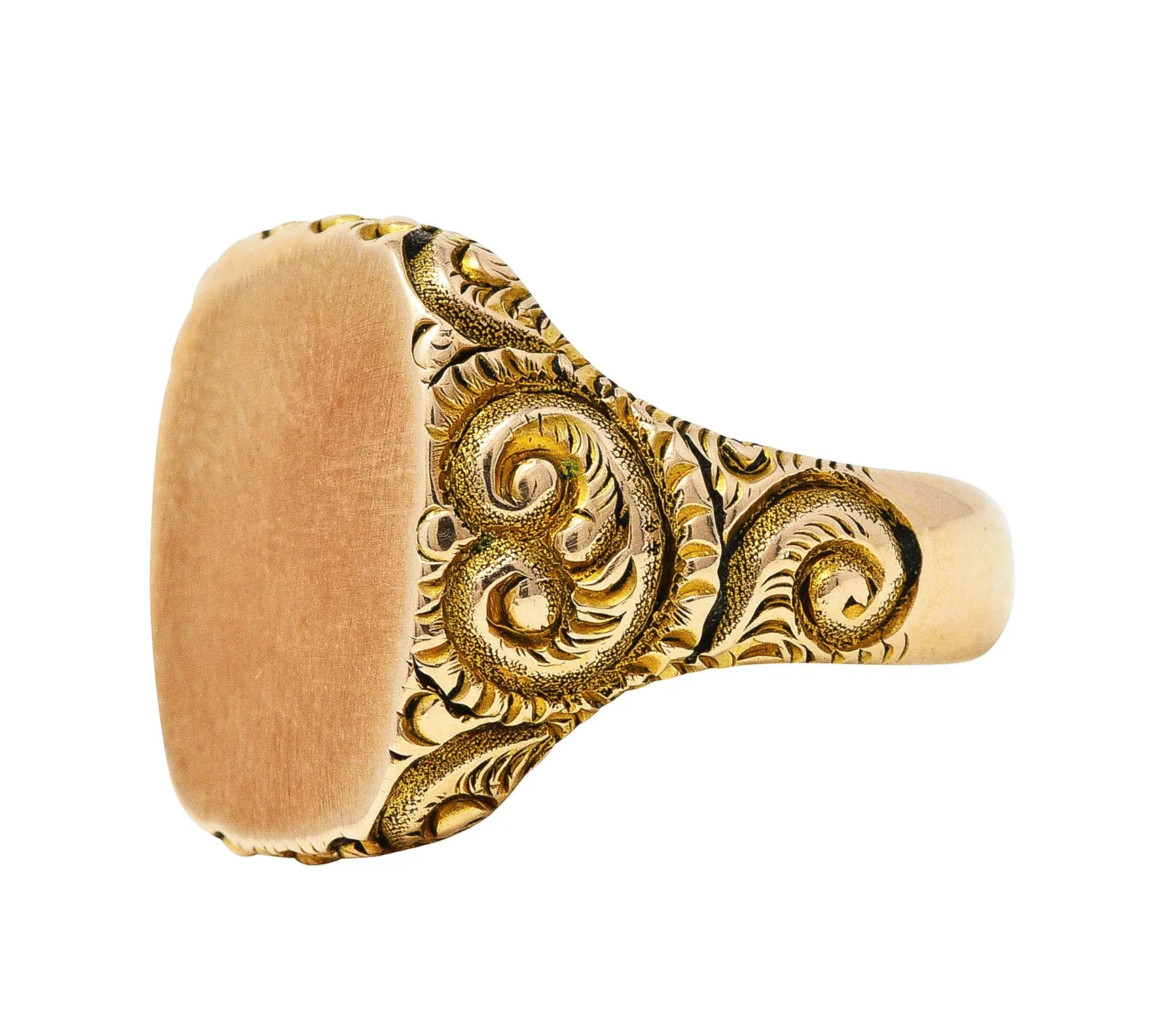 1900 Victorian 14 Karat Yellow Gold Scrolling Cushion Signet Ring