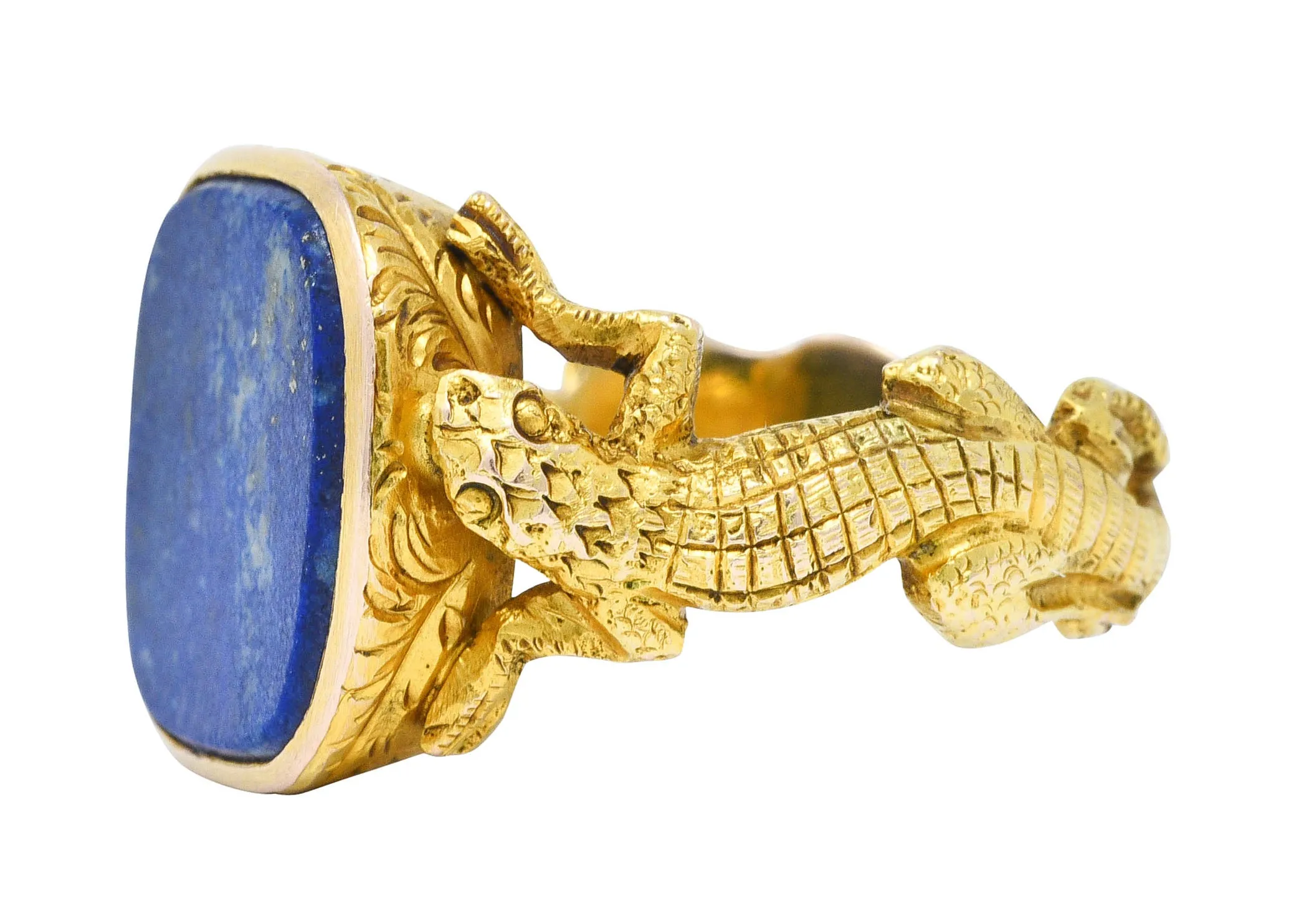 1900 Victorian Lapis Lazuli 14 Karat Gold Lizard Unisex Signet Ring
