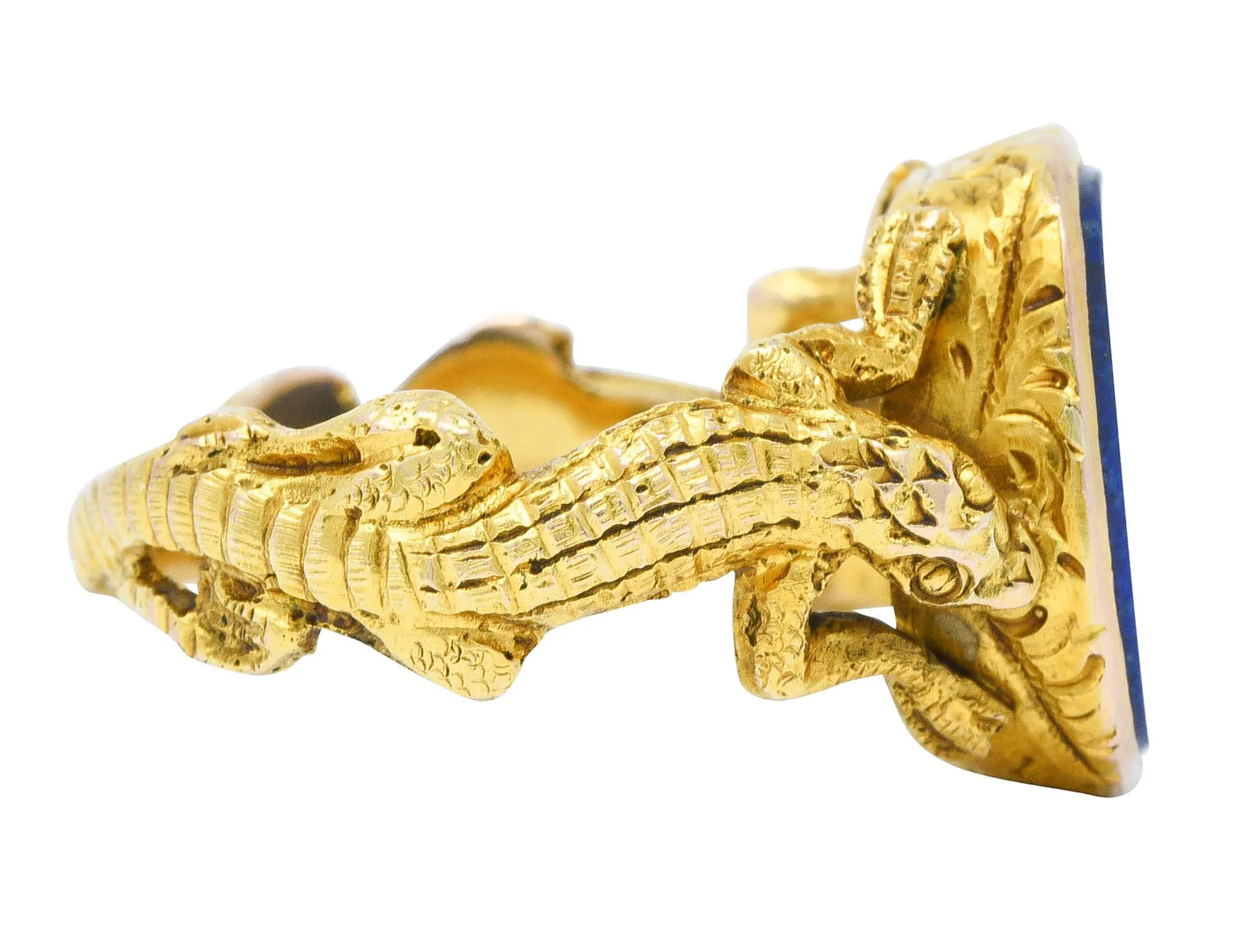 1900 Victorian Lapis Lazuli 14 Karat Gold Lizard Unisex Signet Ring