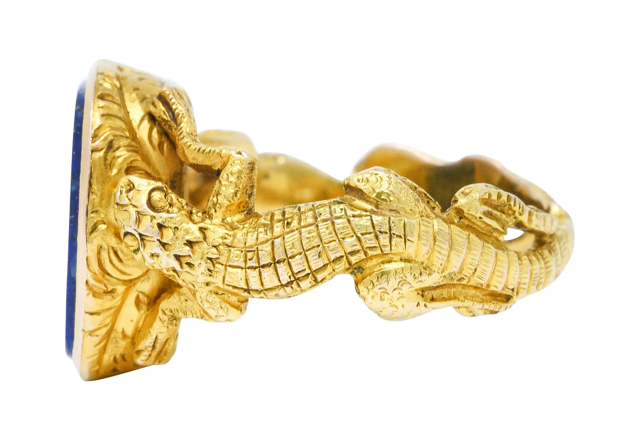 1900 Victorian Lapis Lazuli 14 Karat Gold Lizard Unisex Signet Ring