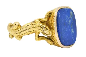 1900 Victorian Lapis Lazuli 14 Karat Gold Lizard Unisex Signet Ring