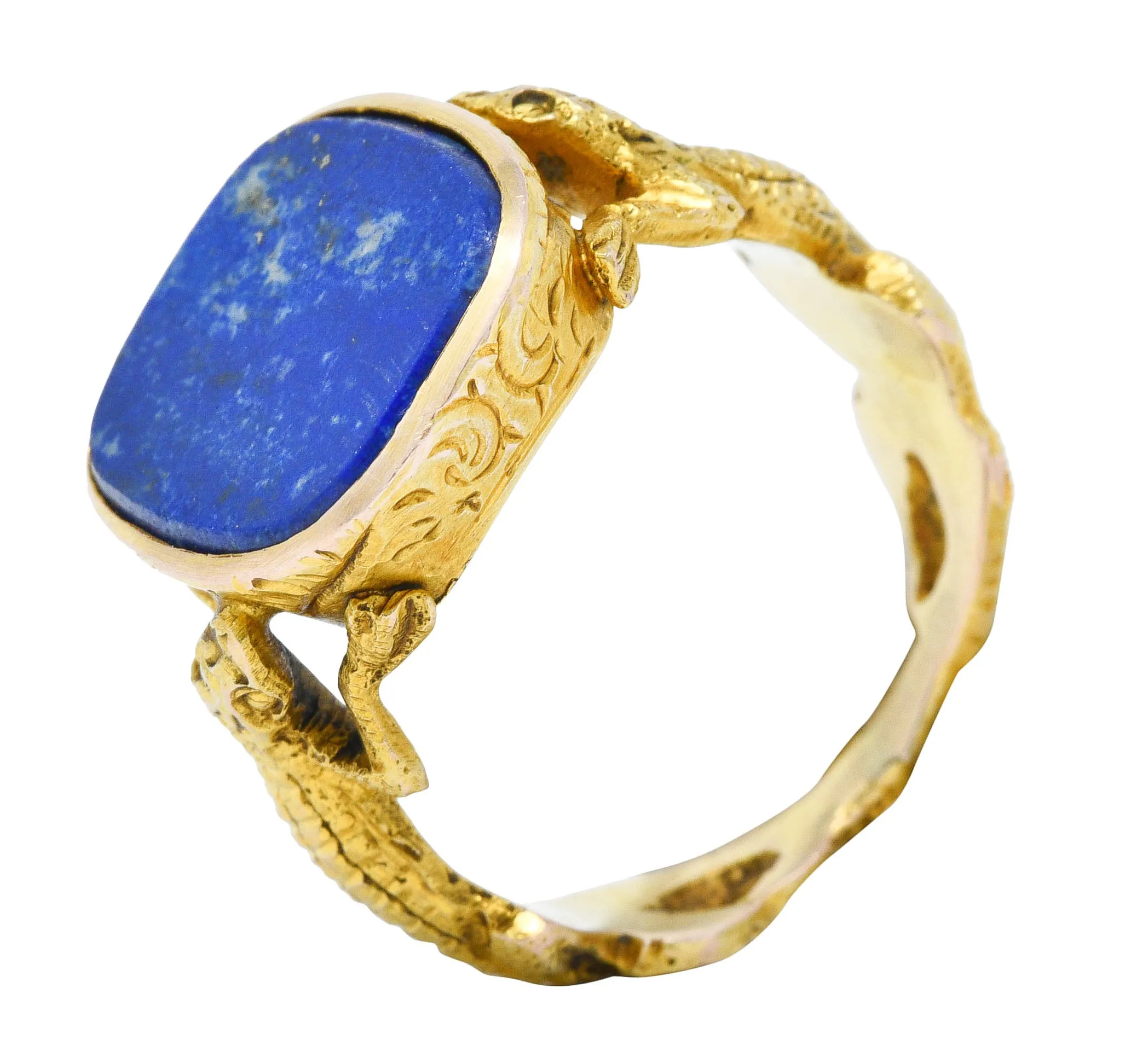 1900 Victorian Lapis Lazuli 14 Karat Gold Lizard Unisex Signet Ring