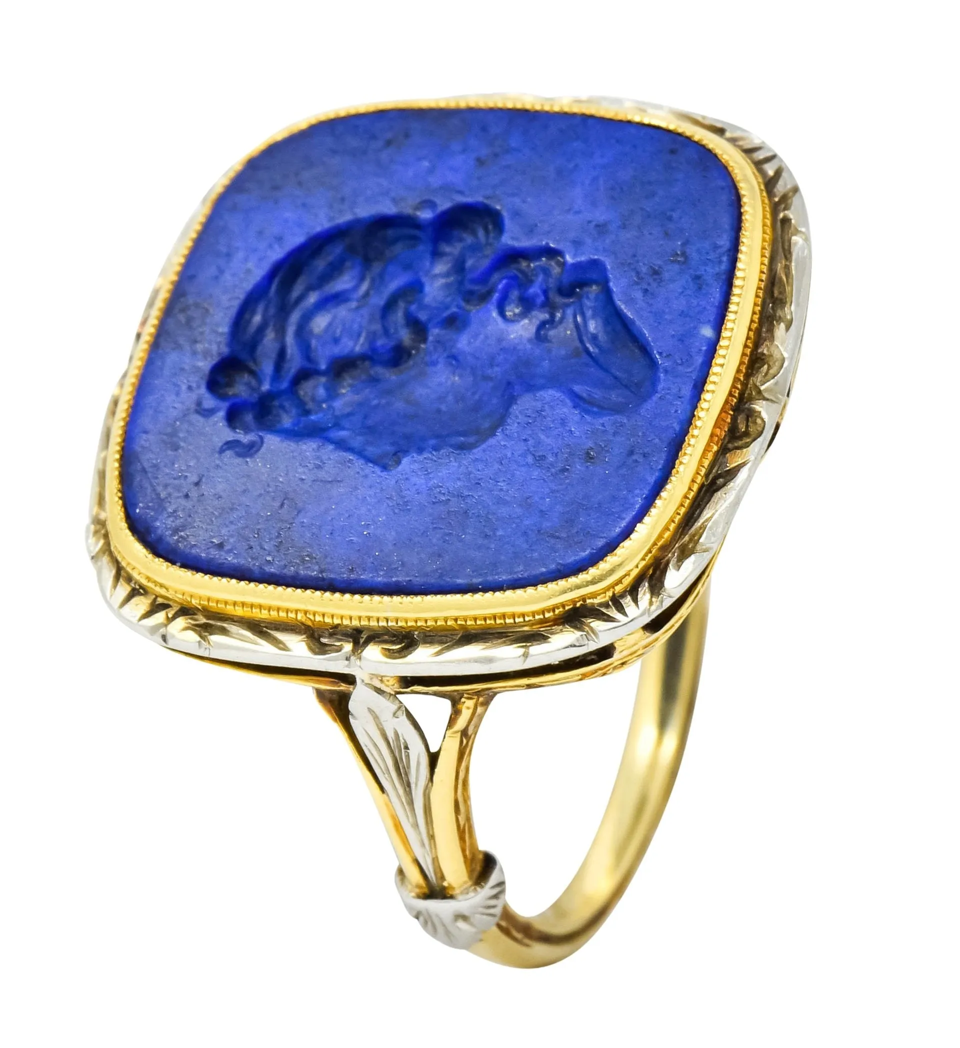 1910 Edwardian Lapis Intaglio Platinum-Topped 14 Karat Gold Signet Ring