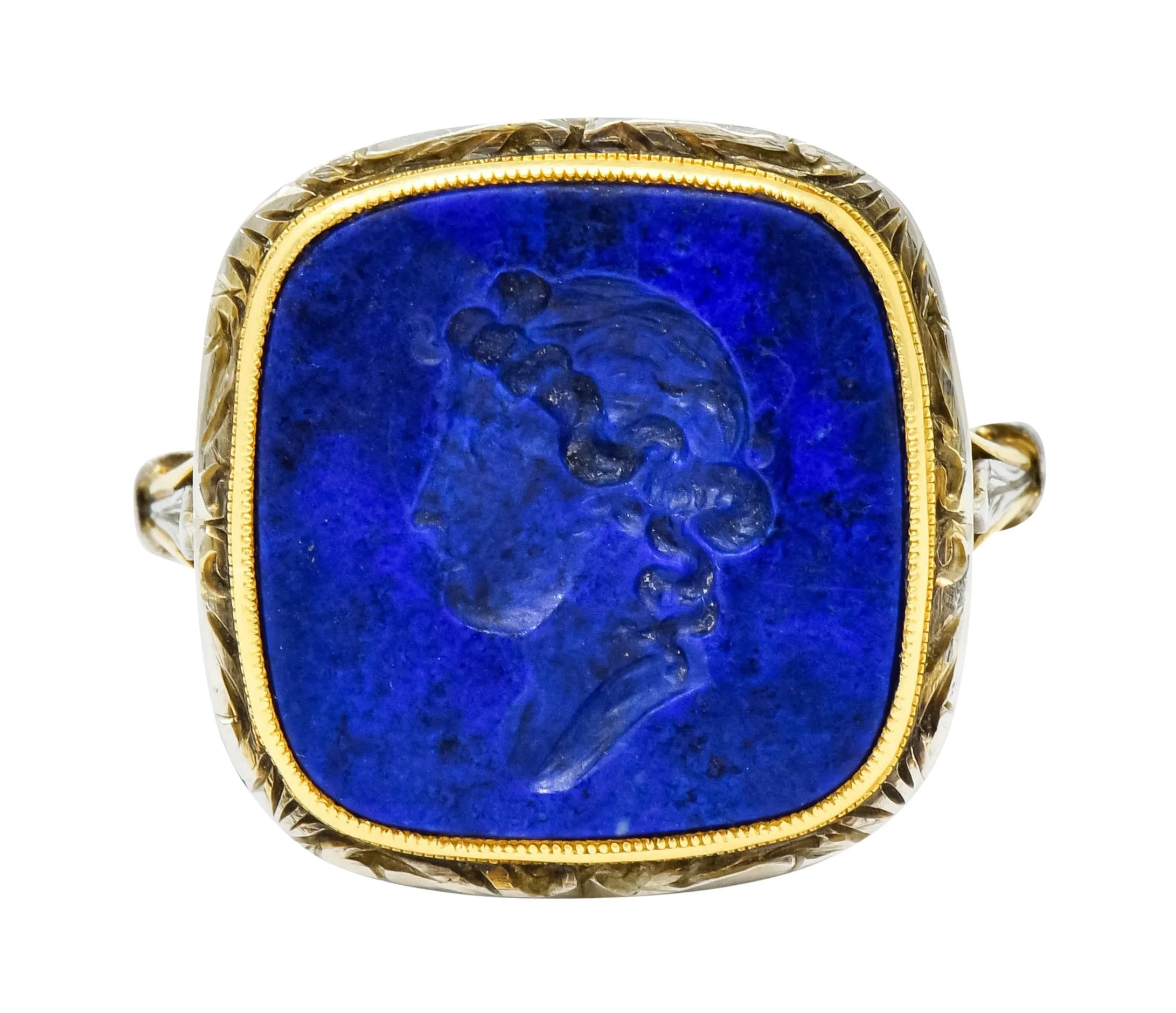 1910 Edwardian Lapis Intaglio Platinum-Topped 14 Karat Gold Signet Ring