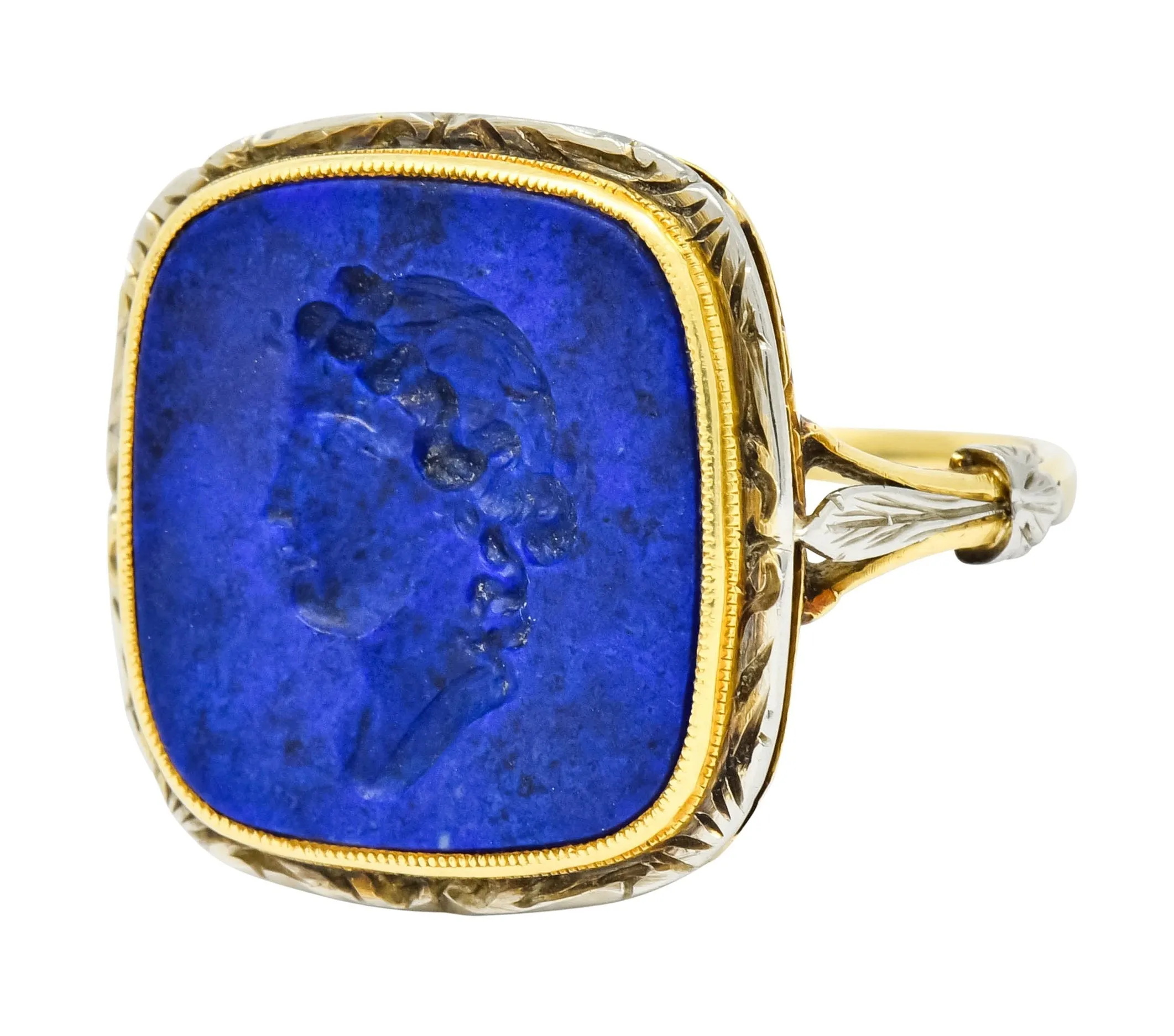 1910 Edwardian Lapis Intaglio Platinum-Topped 14 Karat Gold Signet Ring
