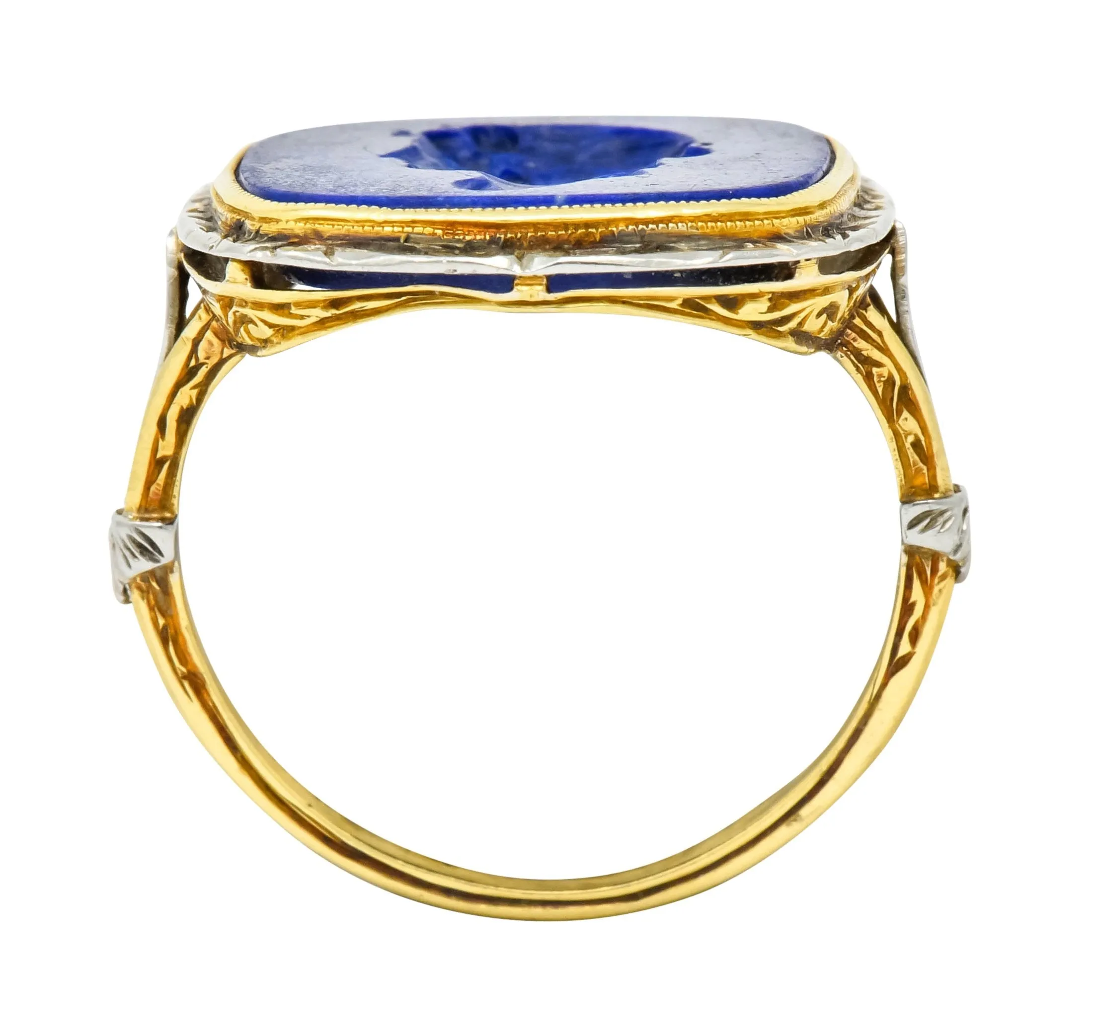 1910 Edwardian Lapis Intaglio Platinum-Topped 14 Karat Gold Signet Ring