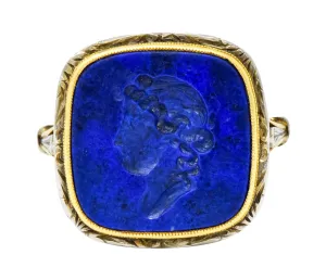 1910 Edwardian Lapis Intaglio Platinum-Topped 14 Karat Gold Signet Ring