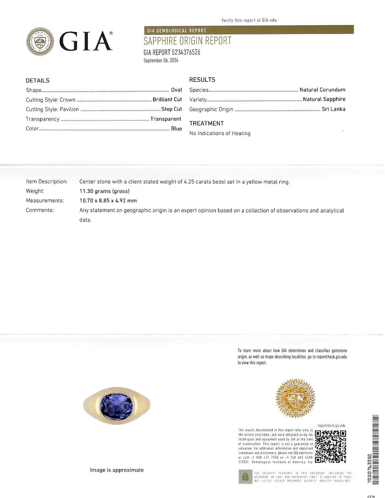 1960's 4.34 CTW No Heat Ceylon Sapphire 18 Karat Yellow Gold Vintage Signet Ring GIA