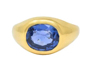 1960's 4.34 CTW No Heat Ceylon Sapphire 18 Karat Yellow Gold Vintage Signet Ring GIA