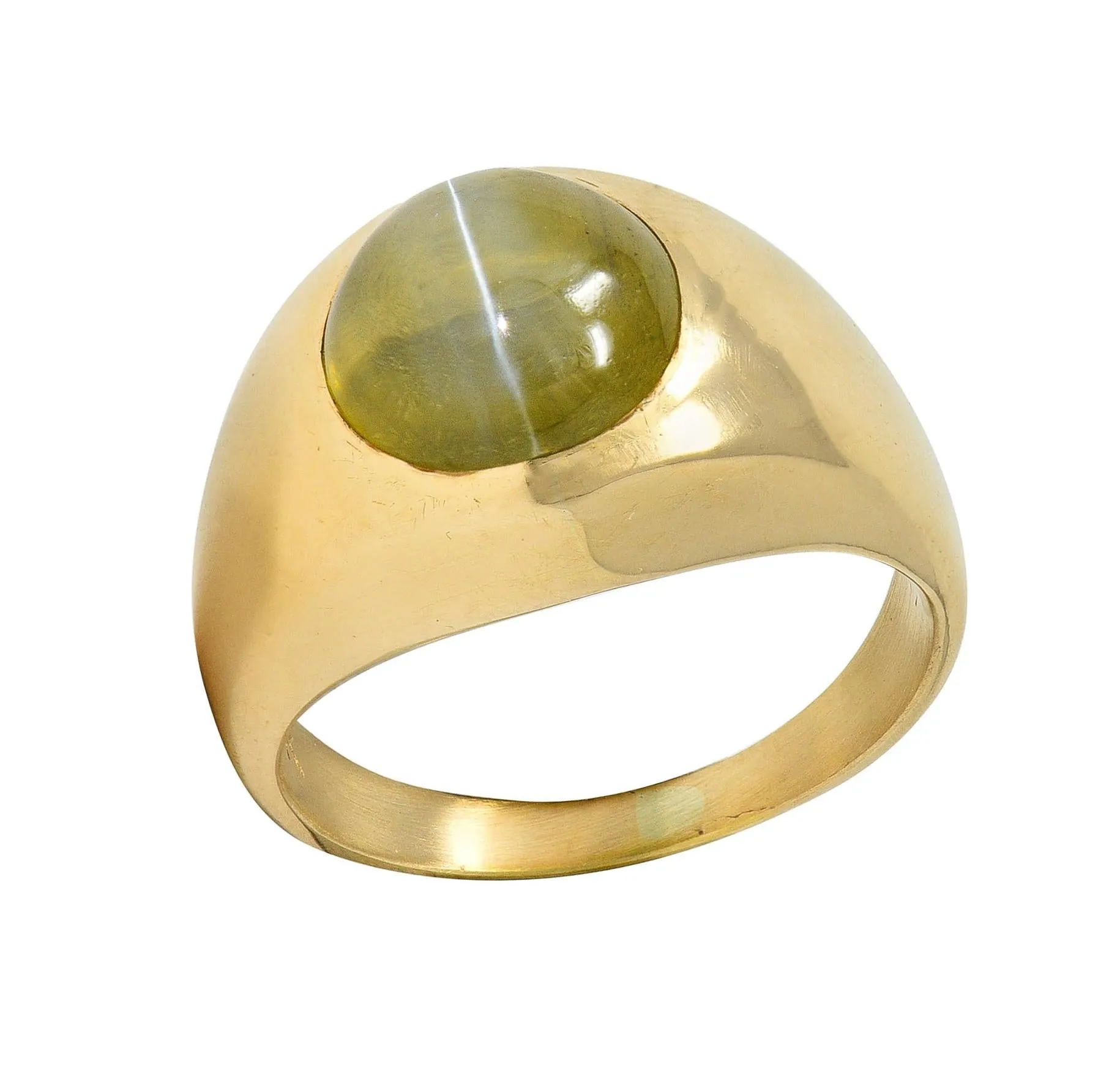 1960's Natural Cat's Eye Chrysoberyl 14 Karat Yellow Gold Vintage Signet Ring GIA