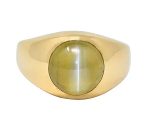 1960's Natural Cat's Eye Chrysoberyl 14 Karat Yellow Gold Vintage Signet Ring GIA
