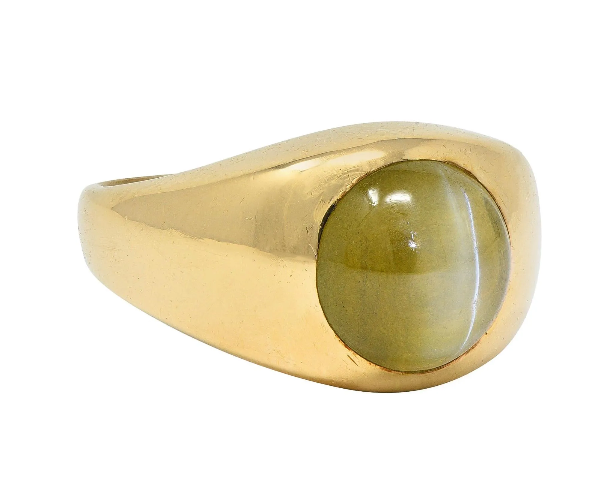 1960's Natural Cat's Eye Chrysoberyl 14 Karat Yellow Gold Vintage Signet Ring GIA