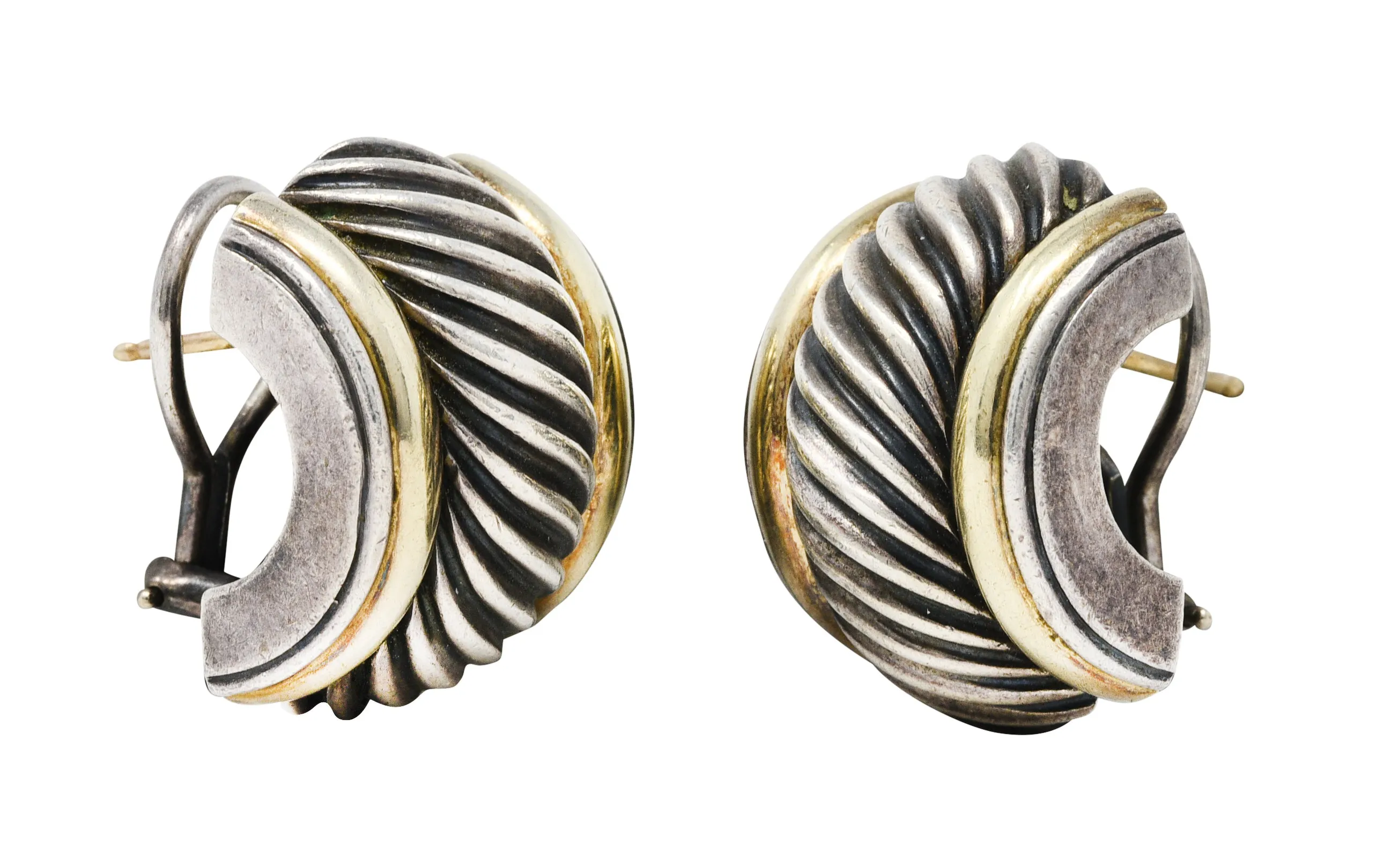 1990's David Yurman 14 Karat Gold Sterling Silver Classic Cable Half Hoop Earrings