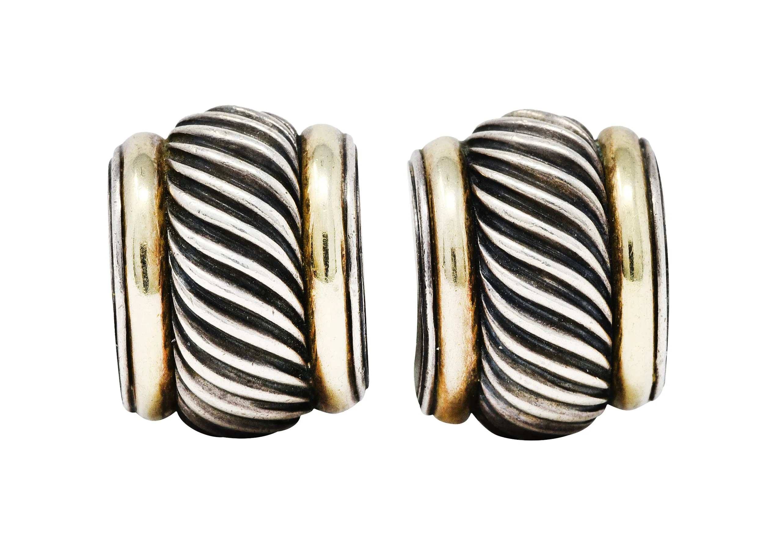 1990's David Yurman 14 Karat Gold Sterling Silver Classic Cable Half Hoop Earrings