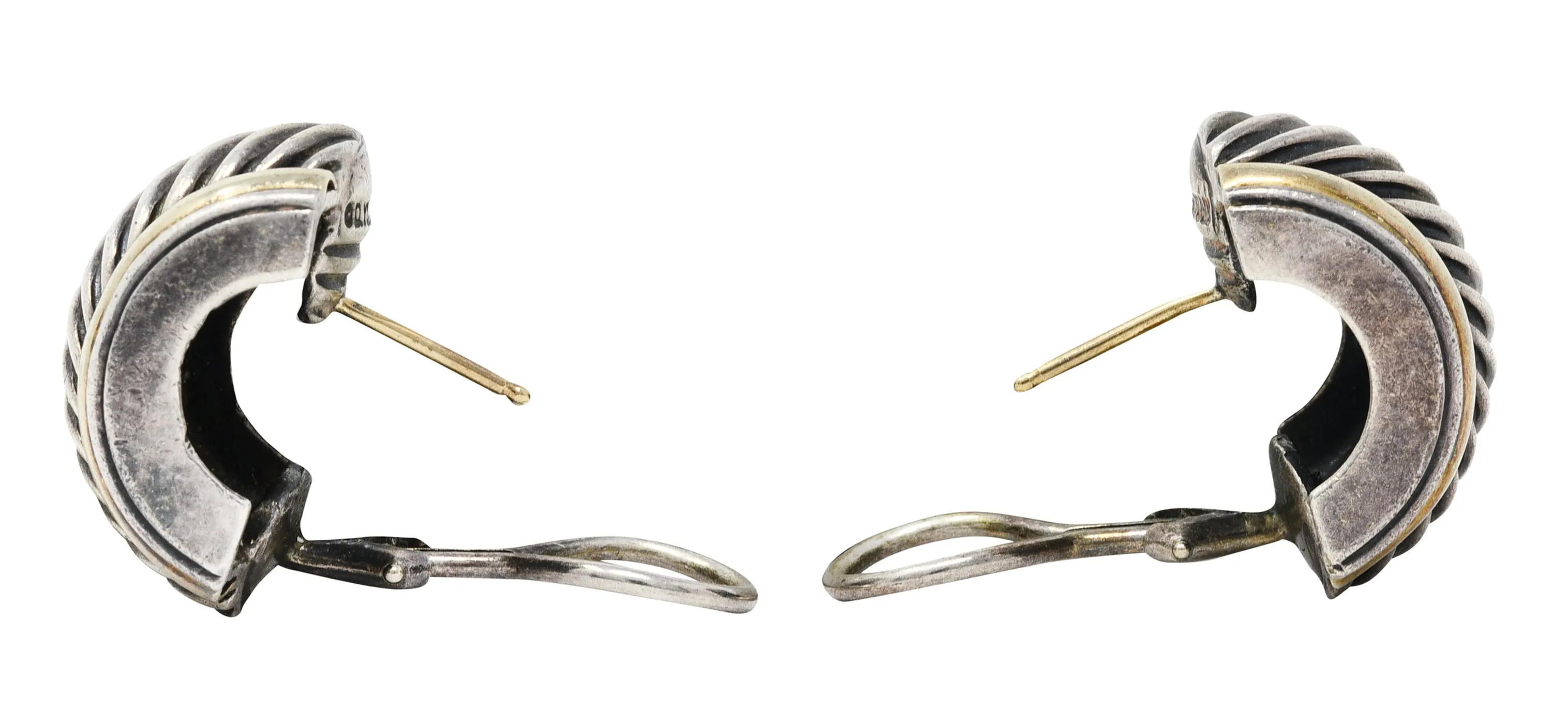 1990's David Yurman 14 Karat Gold Sterling Silver Classic Cable Half Hoop Earrings