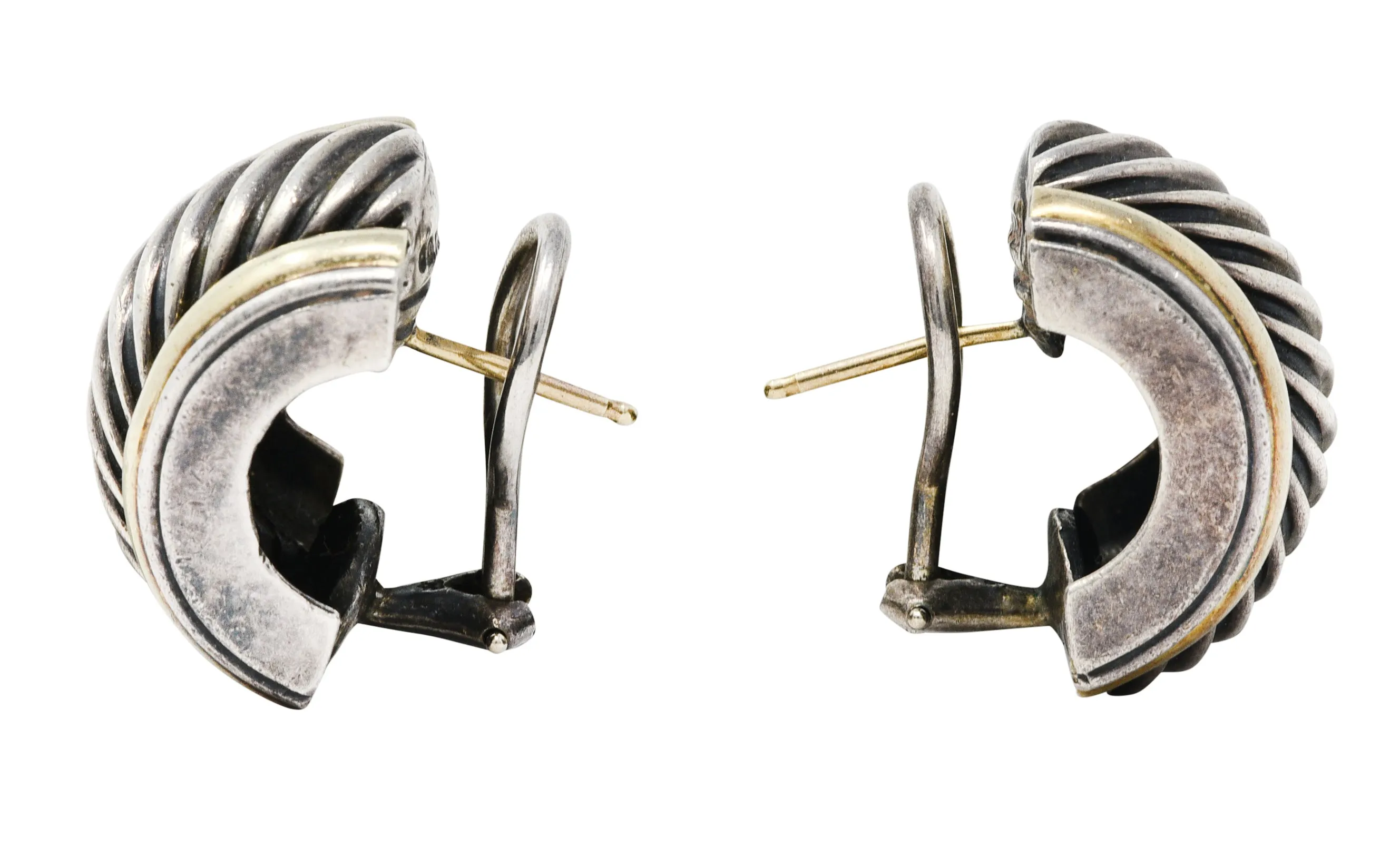 1990's David Yurman 14 Karat Gold Sterling Silver Classic Cable Half Hoop Earrings