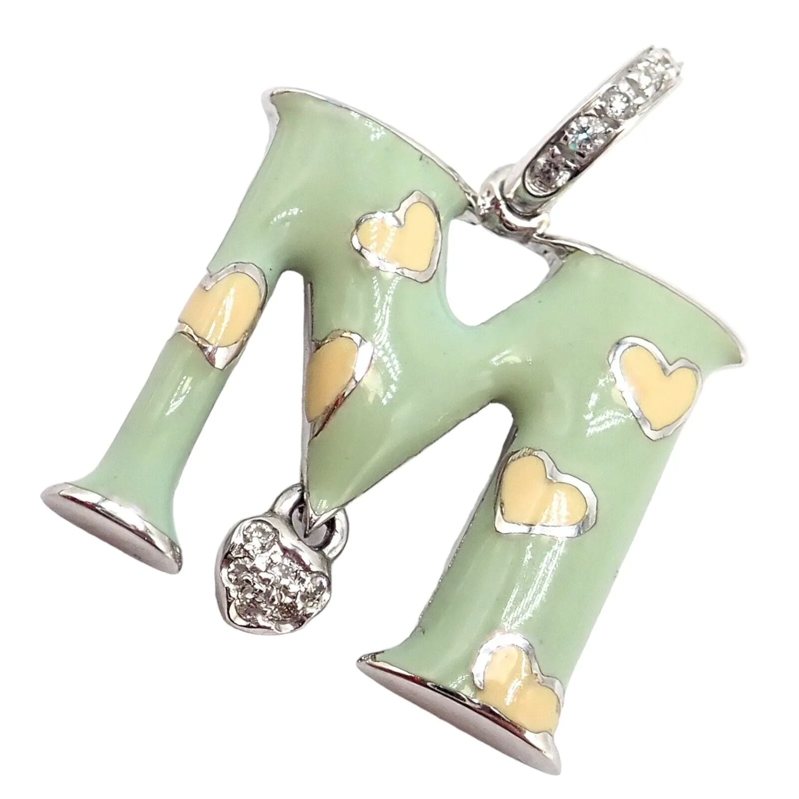 Aaron Basha 18k White Gold Diamond Green Enamel Baby M Initial Charm Pendant