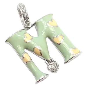 Aaron Basha 18k White Gold Diamond Green Enamel Baby M Initial Charm Pendant