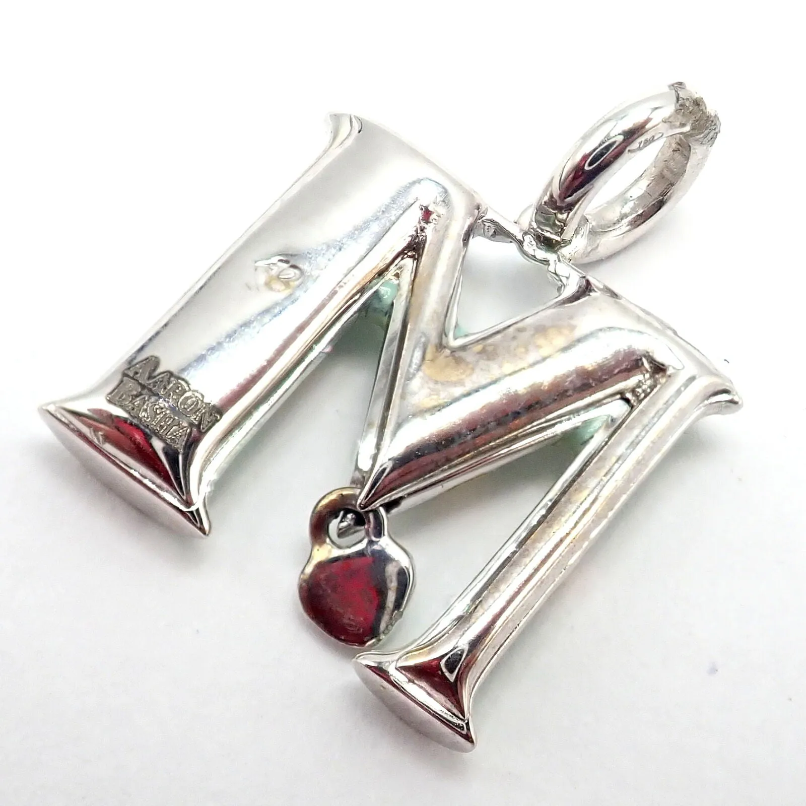 Aaron Basha 18k White Gold Diamond Green Enamel Baby M Initial Charm Pendant
