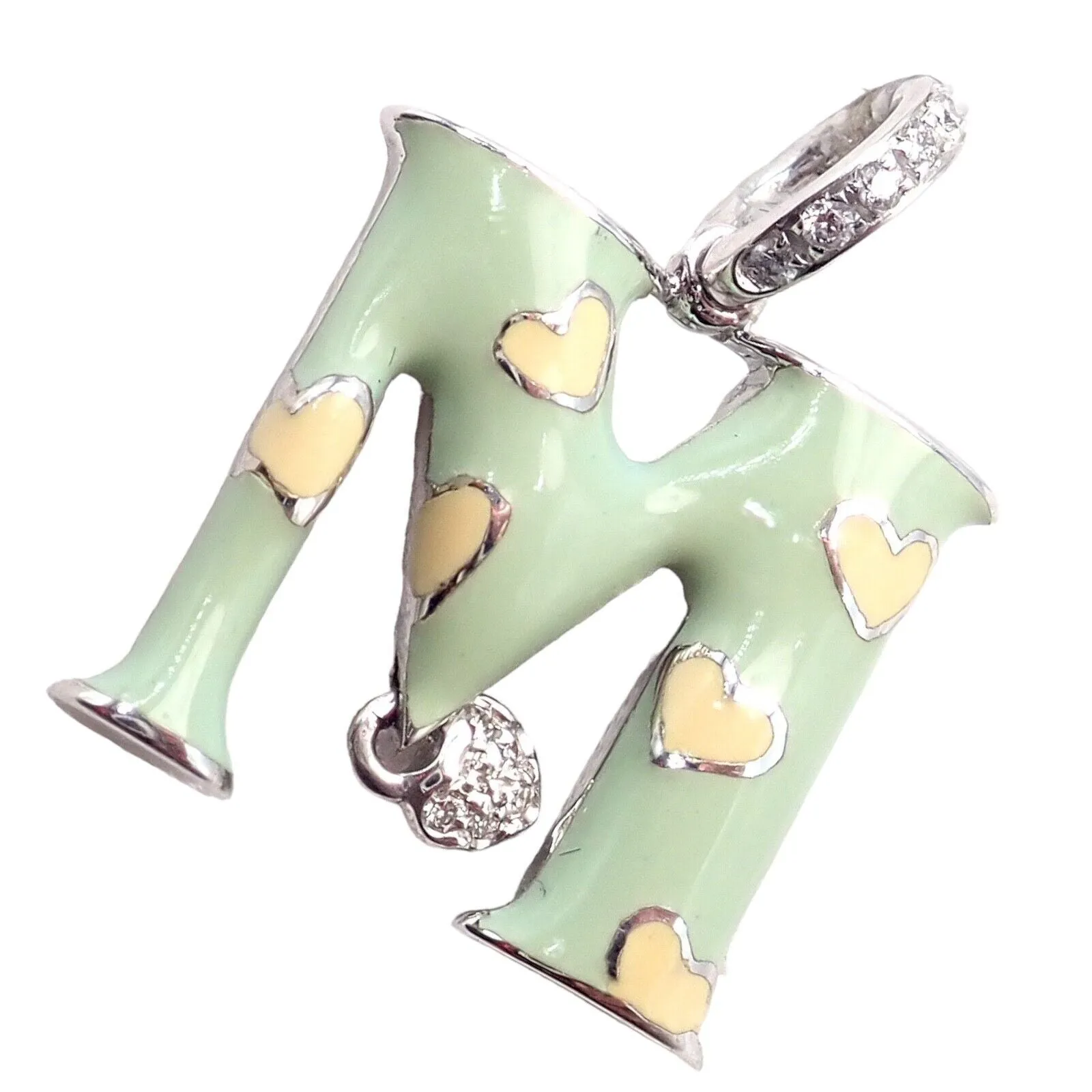 Aaron Basha 18k White Gold Diamond Green Enamel Baby M Initial Charm Pendant